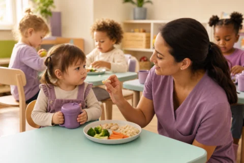 A daycare teacher gently offers food to a cautious toddler holding a purple cup at a lunch table.