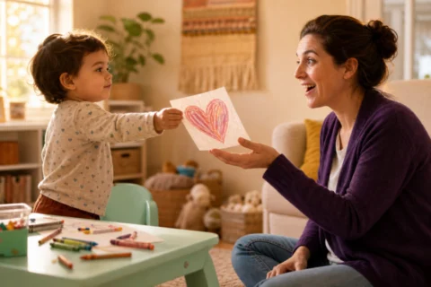 A toddler offers a crayon heart drawing to a smiling caregiver in a warm family room.