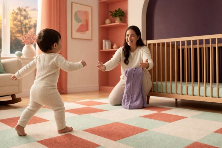 Awake 15-month-old walking across a coral-and-mint rug toward mother beside a bare crib