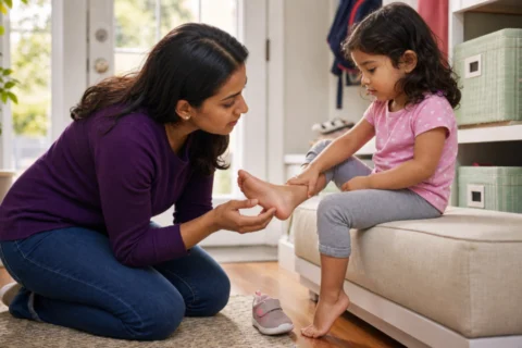 A caregiver gently examines a seated toddler's raised bare foot in a bright entryway.