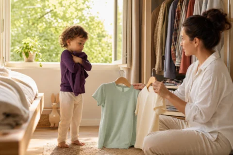 A toddler hugs a purple long-sleeve shirt while a caregiver offers two short-sleeve choices.