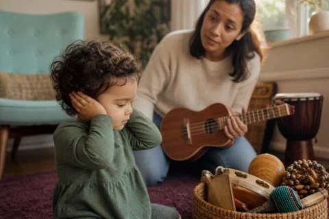 A toddler covers both ears while a caregiver pauses with a ukulele in a cozy music corner.