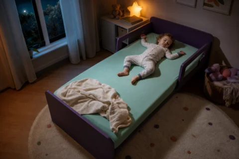 An uncovered toddler sleeps in a low bed with a cream blanket kicked down to the foot.