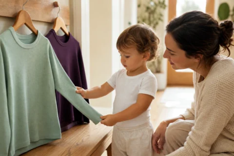 Toddler feels the sleeve of a mint shirt while a caregiver waits beside a second clothing choice.