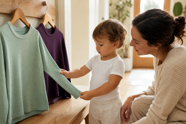 Toddler feels the sleeve of a mint shirt while a caregiver waits beside a second clothing choice.
