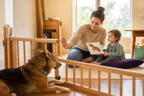 Caregiver teaches a seated toddler about a calm dog resting behind a wooden safety gate.