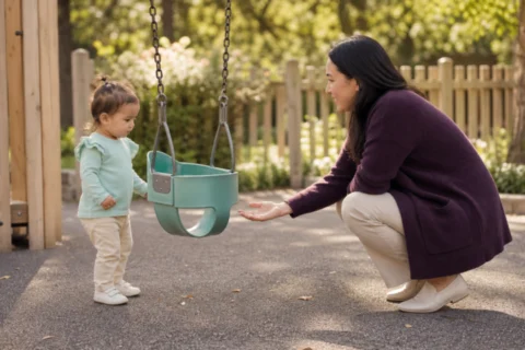 Toddler cautiously touching a stationary playground swing while a caregiver offers patient support.