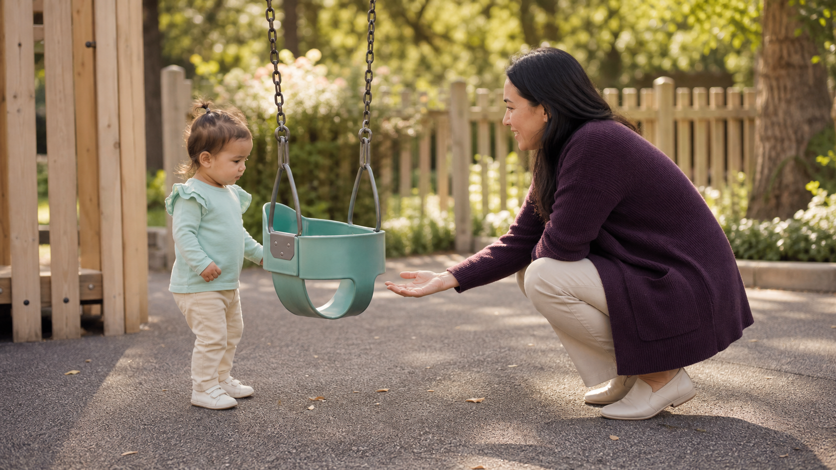 Toddler cautiously touching a stationary playground swing while a caregiver offers patient support.