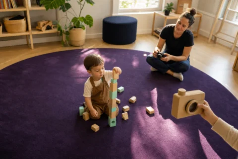 Toddler builds a block tower on a purple rug while a caregiver waits nearby with a lowered camera.