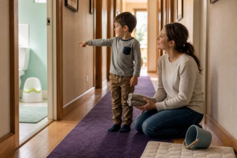 Fully clothed child points toward a bathroom potty while a kneeling caregiver listens with clean towels.