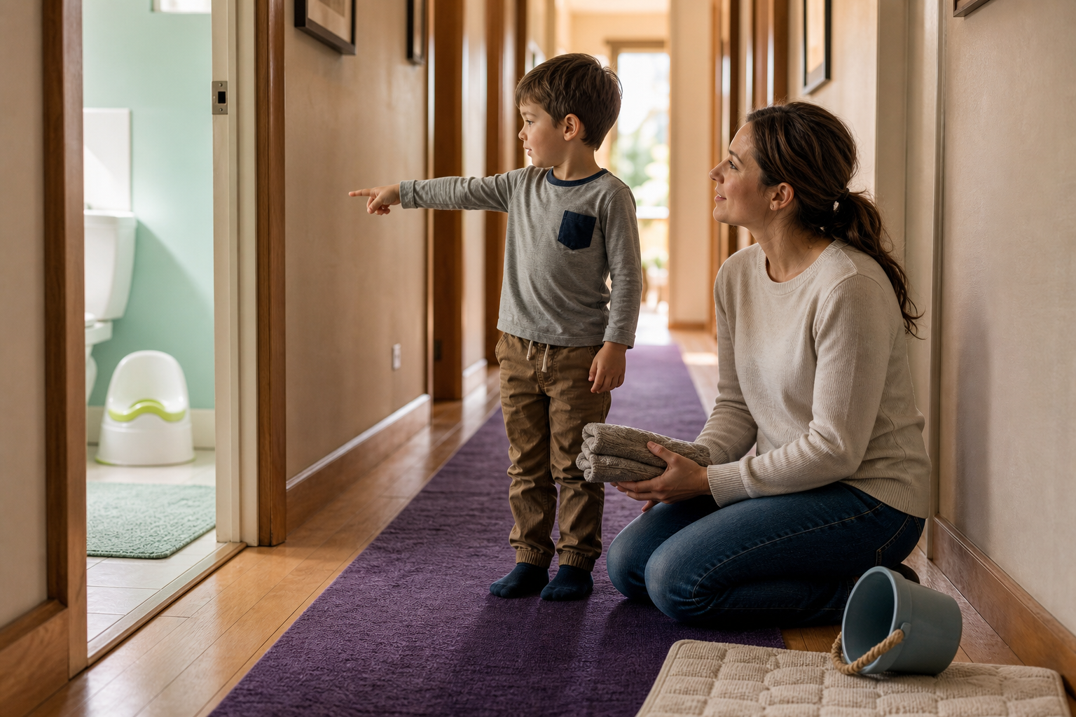 Fully clothed child points toward a bathroom potty while a kneeling caregiver listens with clean towels.