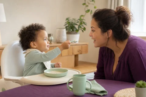 A toddler safely offers a spoonful of soft food to a smiling parent, illustrating why toddlers like to feed caregivers.