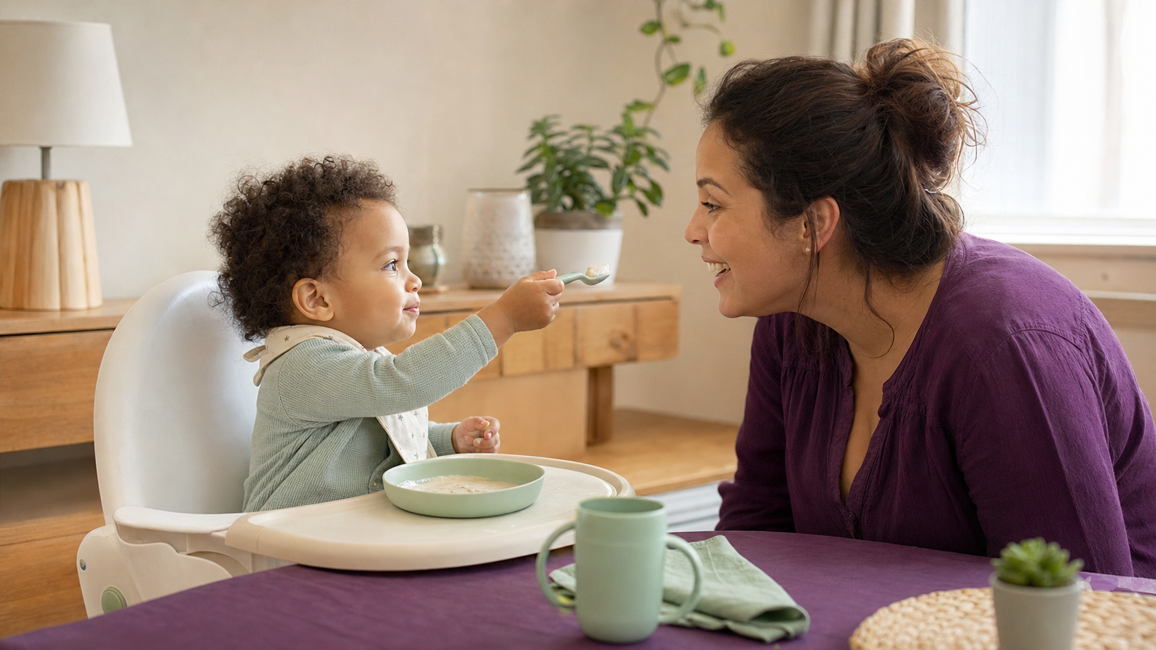 A toddler safely offers a spoonful of soft food to a smiling parent, illustrating why toddlers like to feed caregivers.