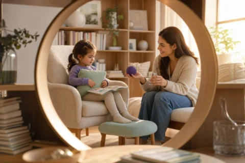 Fully clothed toddler sits with knees together reading while a caregiver offers a textured ball and water.