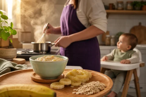 Caregiver whisks pudding at the stove while an awake baby watches from a high chair behind a bowl of banana-oat pudding.
