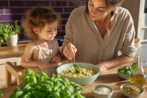 Caregiver stirs green pesto into pasta while a toddler watches from a wooden learning tower.