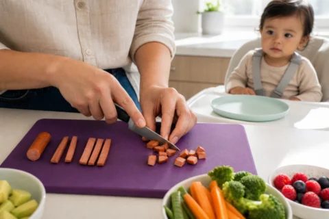 Caregiver cuts a cooked hot dog into narrow strips and small non-round pieces while a toddler waits in a high chair.