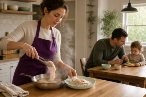 Caregiver lifts heated sliced turkey from a steaming pan while a partner supervises a toddler at the kitchen table.
