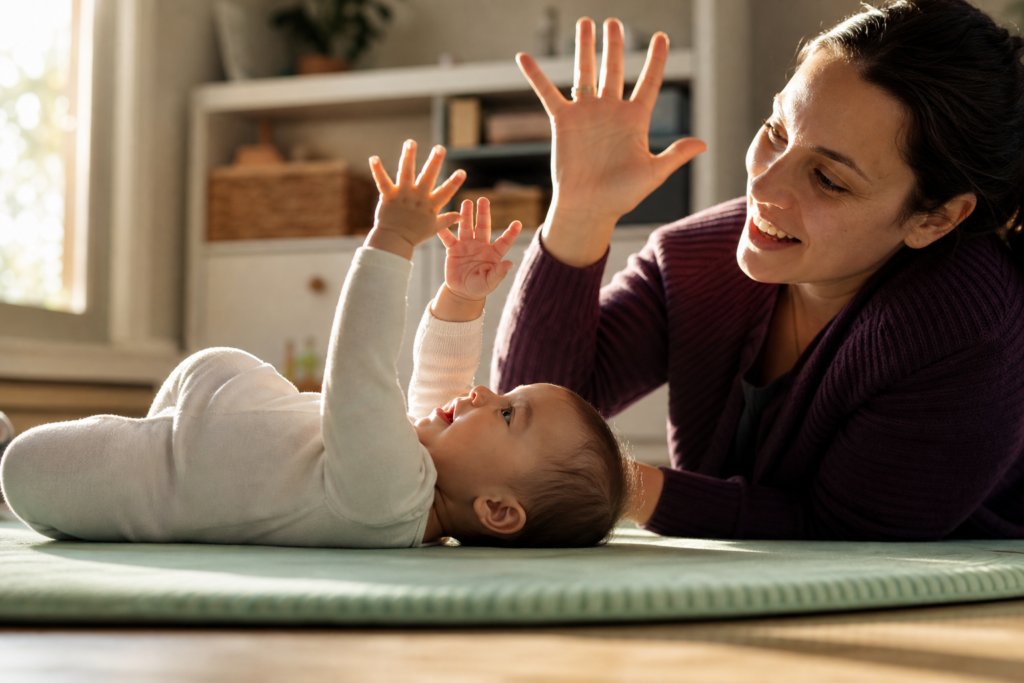 Awake baby studies both hands while a parent mirrors the gesture beside a mint play mat.