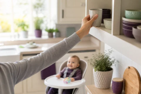 Caregiver placing a coffee mug on a high shelf while a baby sits safely in a high chair.