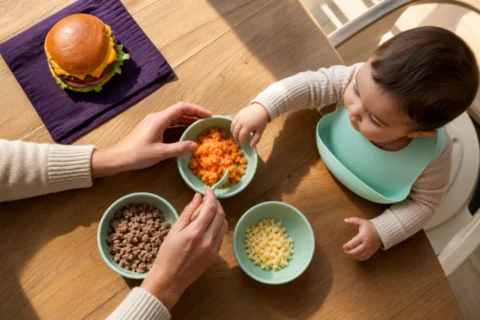 Caregiver supervises a baby reaching toward soft vegetables beside bowls of minced beef and chopped cheese.