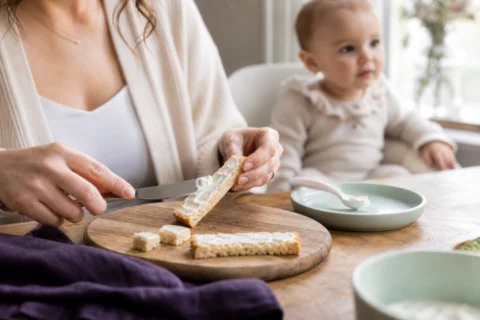 Caregiver spreads cream cheese on soft toast strips while an awake baby sits nearby at the table.
