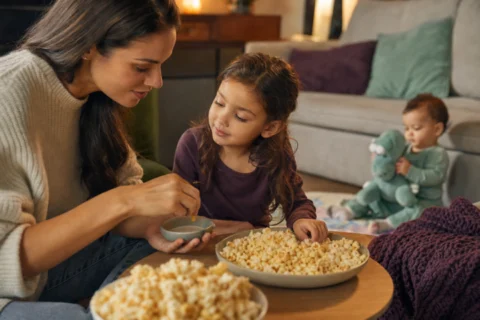 Parent checks popcorn with an older child while a baby plays well behind them.