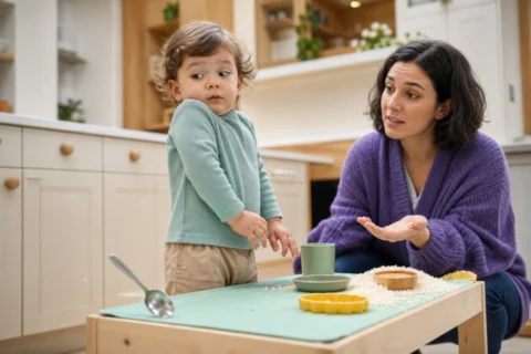 Toddler startles at a fallen spoon as a caregiver responds calmly in the kitchen.