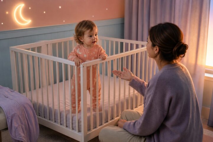 Seventeen-month-old toddler standing awake in an empty crib at dawn while her mother offers a reassuring hand