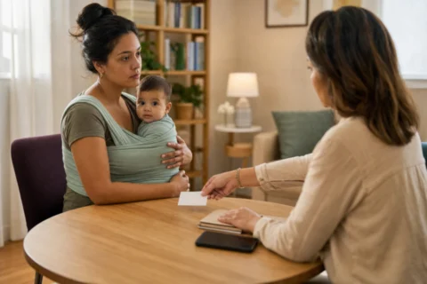 Mother holds her awake baby while a counselor offers a resource card in a quiet office.