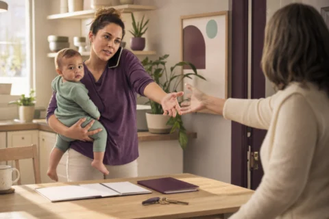 Mother holding her baby reaches toward a supportive relative while making a phone call at home.