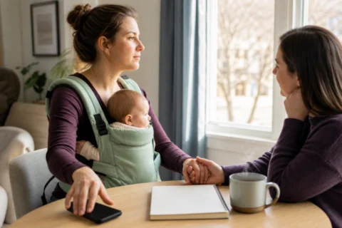 Parent turns a phone face down while holding a friend's hand with her baby in a carrier.