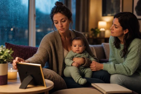 Mother holding her baby turns a framed photo face down as a friend offers support.