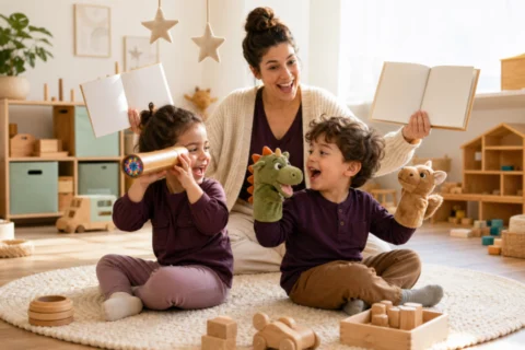 Preschool twins laugh with a kaleidoscope and hand puppets as their caregiver holds two books.