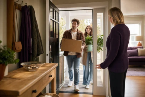 An adult couple carries a moving box and potted plant through the doorway as a parent welcomes them into the home.