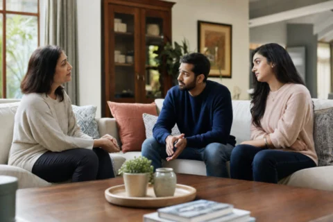 Mother speaking with her adult son and his guarded girlfriend during a tense living-room conversation