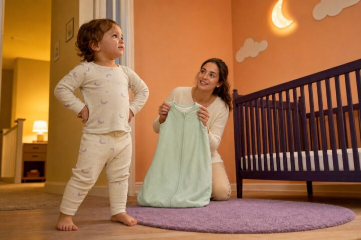 An eighteen-month-old stands confidently at the nursery doorway while a smiling mother offers a mint sleep sack beside an empty crib.