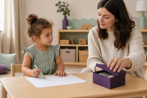 Caregiver closes a purple chalk box while a young child draws with a mint crayon at a low table.
