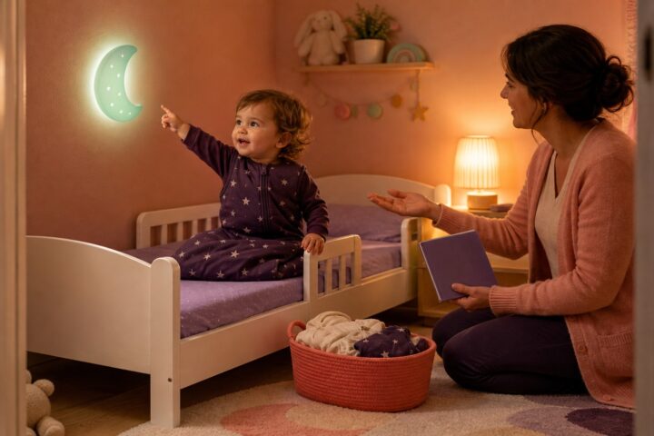 A nineteen-month-old toddler in plum star pajamas sits awake on a low bed and points to a mint moon light beside a kneeling parent.