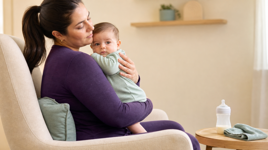 Caregiver holds an awake baby upright beside a bottle and burp cloth in a calm nursery.