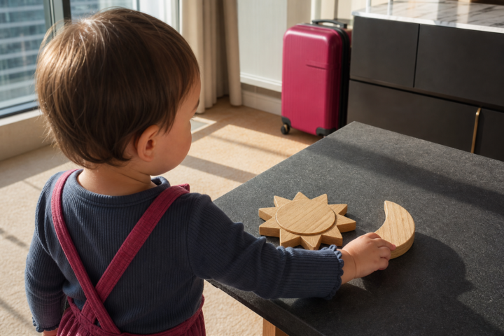 Toddler places wooden moon beside sun on hotel table