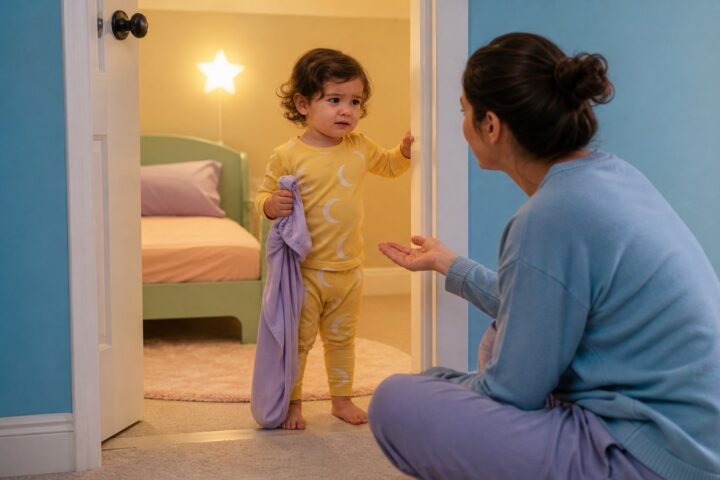 Twenty-three-month-old toddler standing awake in her nursery doorway while her mother offers a reassuring hand