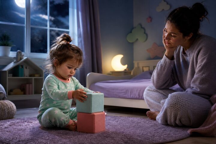 Two-year-old stacking soft blocks at night while her tired mother sits beside an empty toddler bed