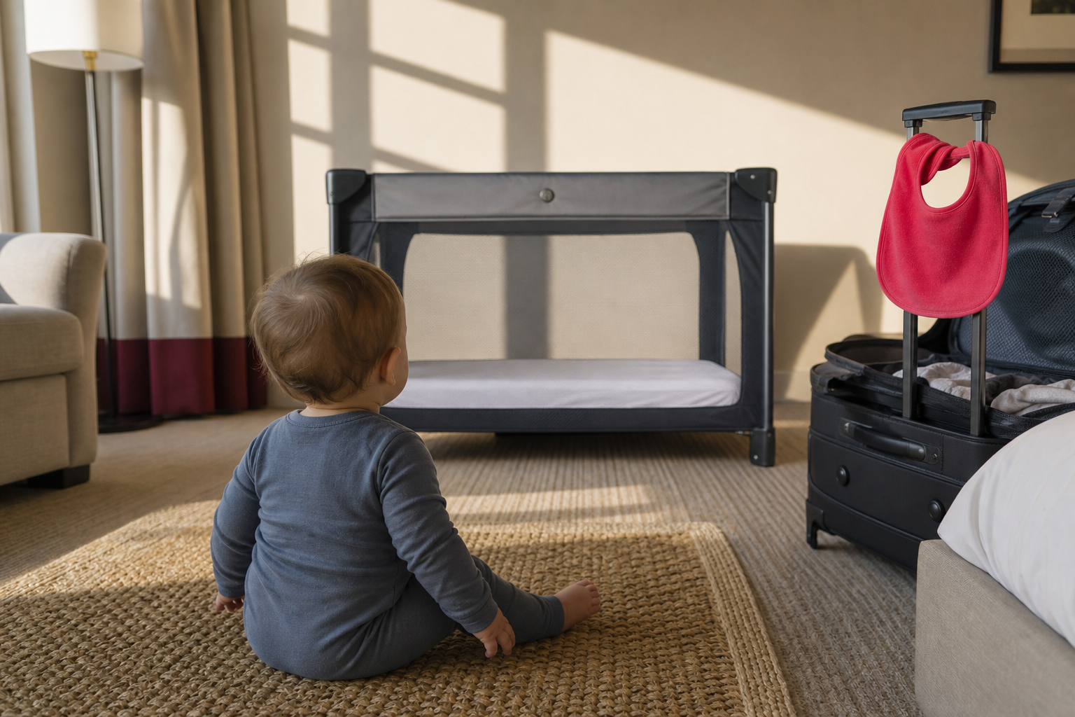 Awake baby sits near an empty travel crib while a raspberry bib hangs on luggage.