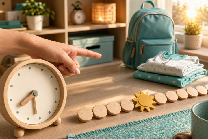 An adult hand points from a wooden clock toward a turquoise school backpack on a sunlit desk.