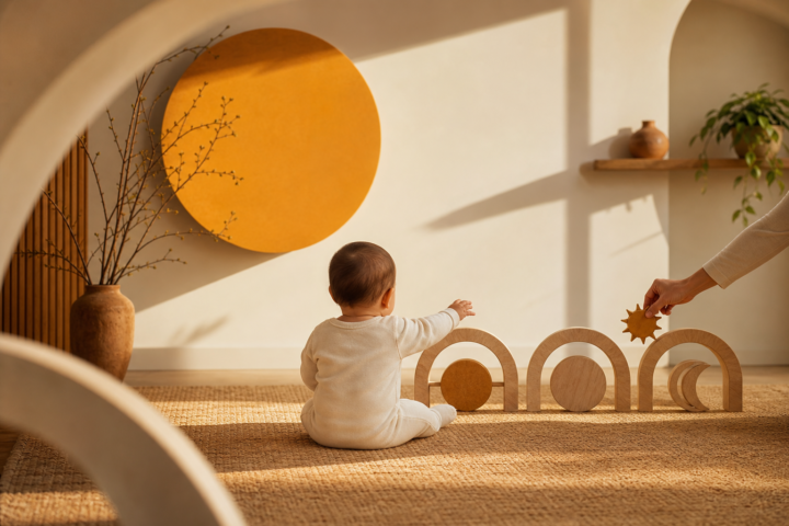 A seated baby reaches toward wooden routine arches in a sunlit room.