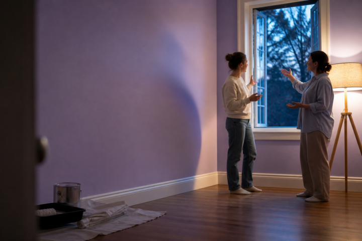 Two women discuss ventilation beside an open window in a freshly painted lavender room.