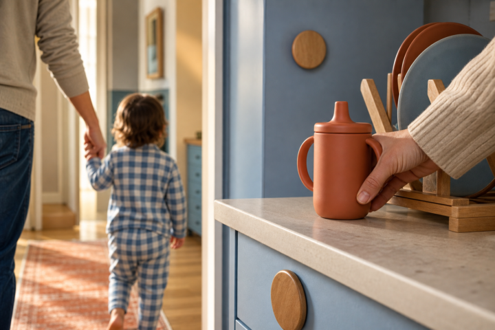 Adult hand sets a terracotta sippy cup on a kitchen counter as a toddler walks away