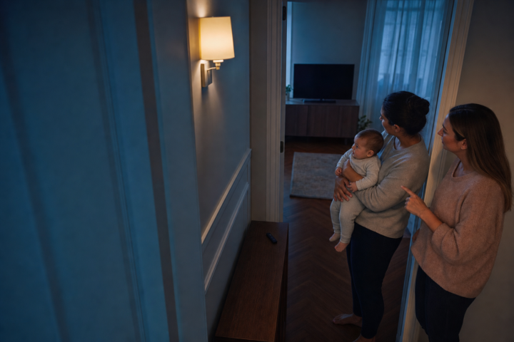 Caregiver holding an awake baby beside a sleep coach in a blue-hour hallway near a switched-off television.