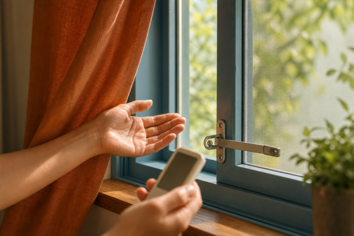 Adult hands check a breeze beside a secured screened window and room thermometer.